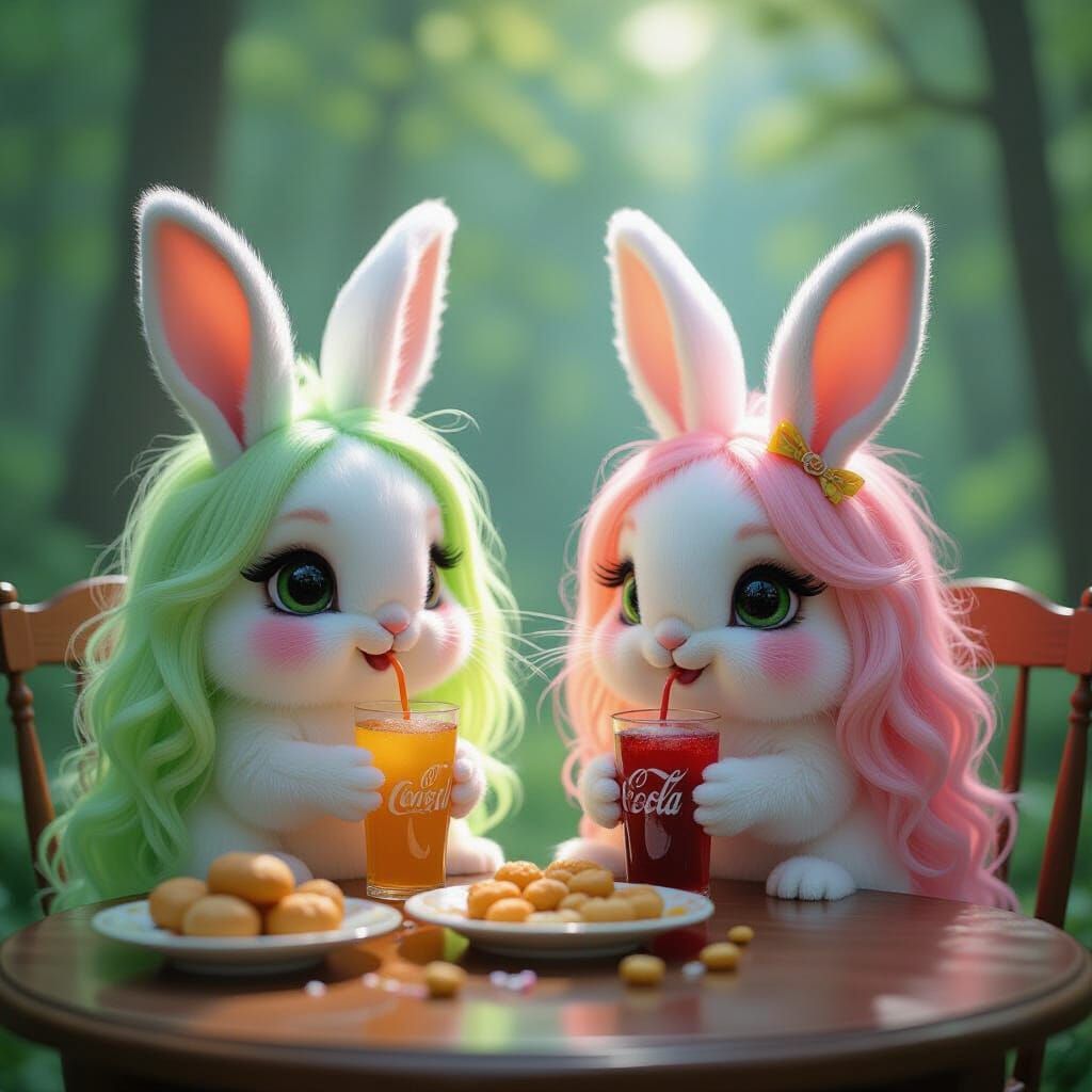 Ethereal Bunnies Enjoying Soda in Dreamy Forest