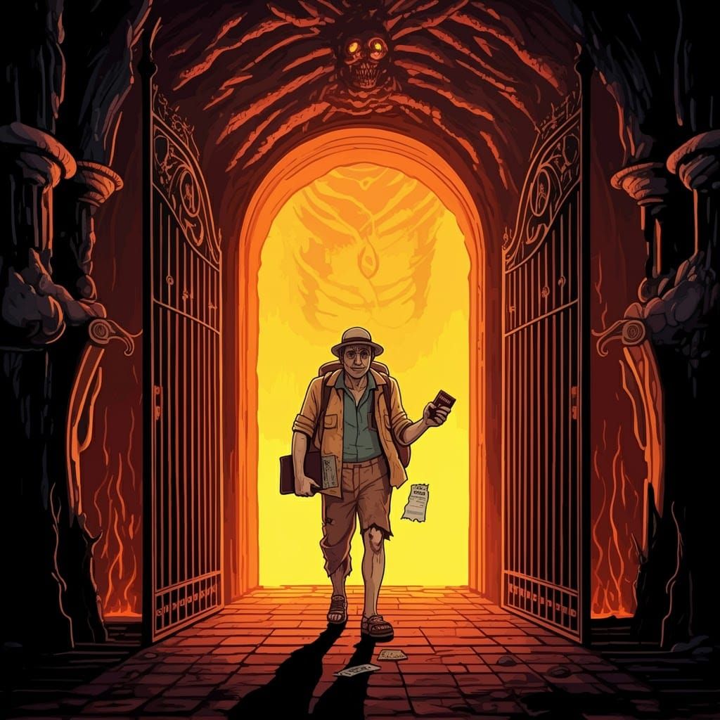 Comic Tourist at Gates of Hell in Bold Graphic Style