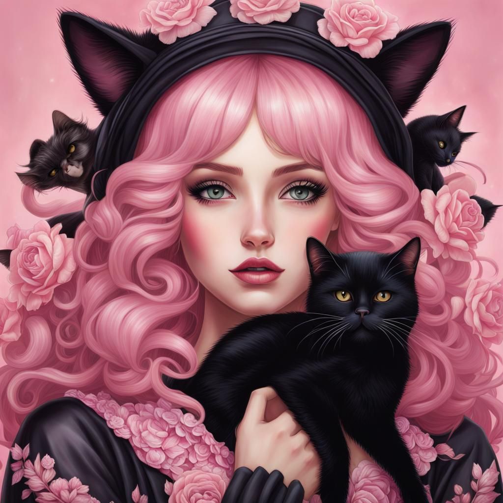 Girl with Cat: Digital Illustration in D'Errico Style