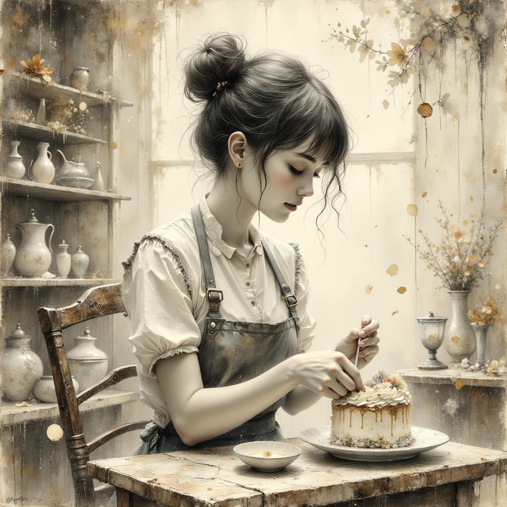 Surreal Cake Decorating Illustration in Pencil and Charcoal