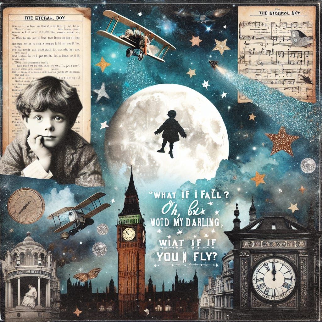 Peter Pan Collage: Eternal Boy in Dreamy Nightscape