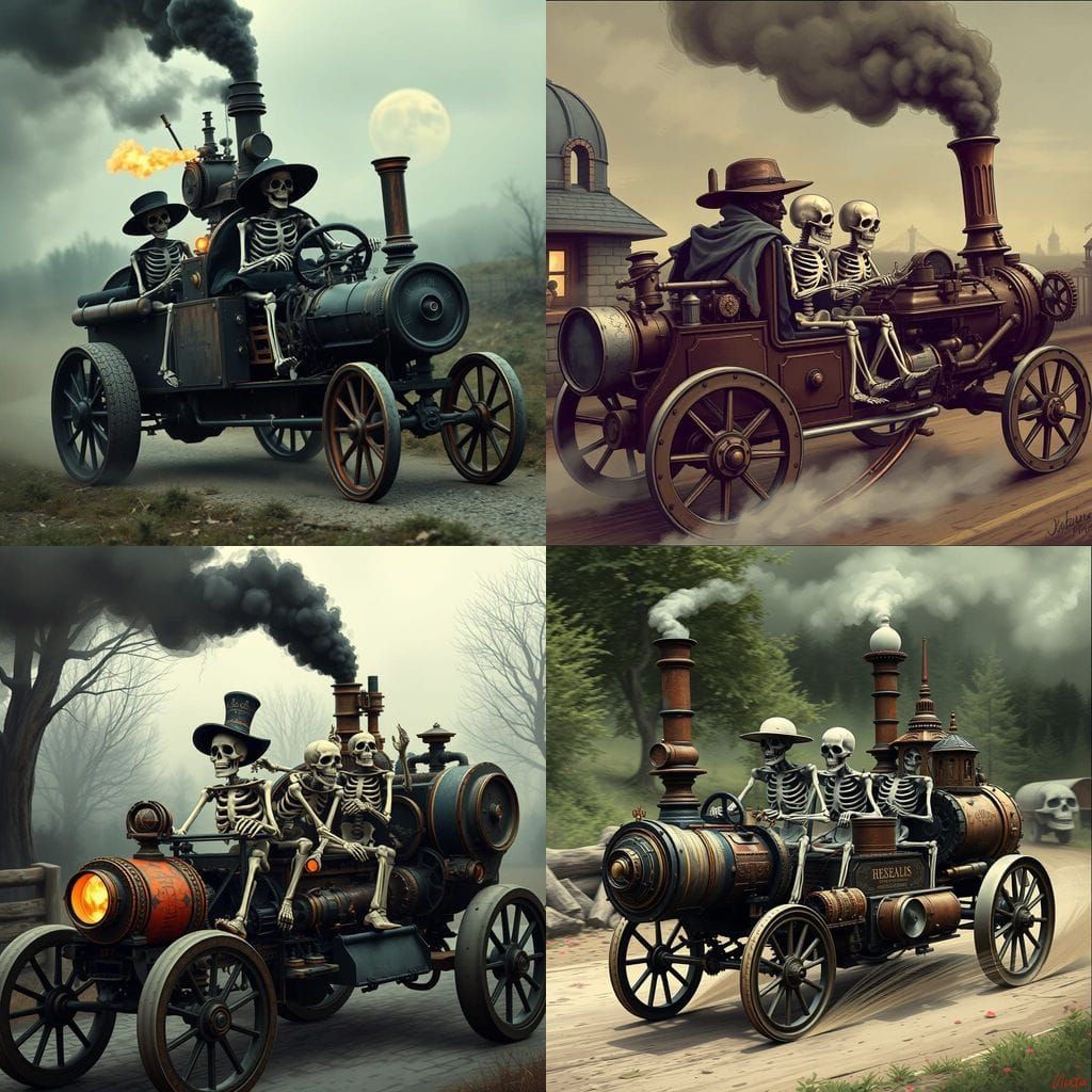 Skeletons Drive Steampunk Vehicle in Spooky Scene