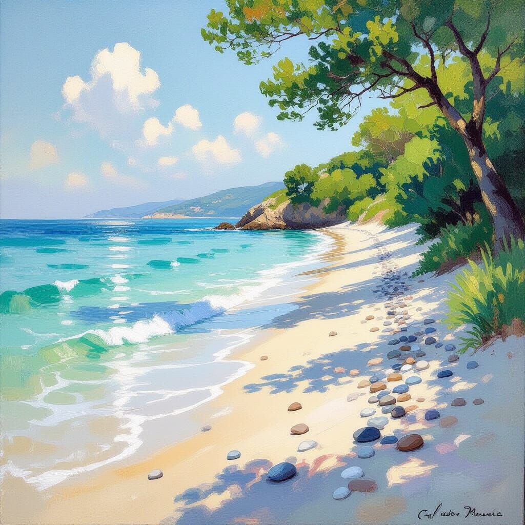 Serene Seaside Landscape in Impressionistic Oil Style