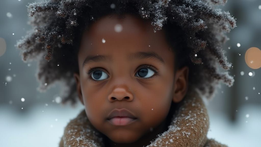 Young African American Child Lost in Winter Wonderland
