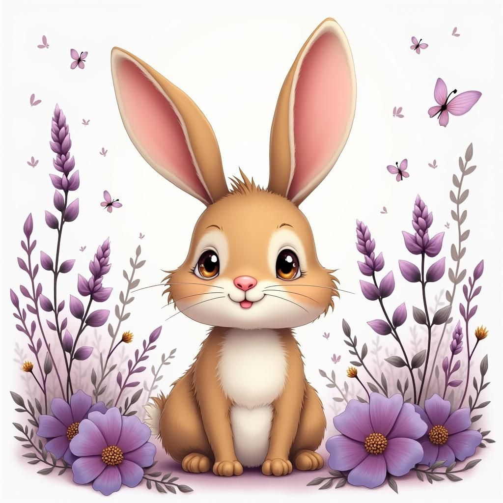 Cartoon Rabbit in Lavender Floral Landscape