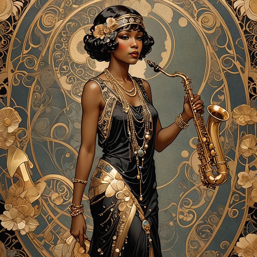 Art Nouveau Flapper with Saxophone, Klimt Inspiration