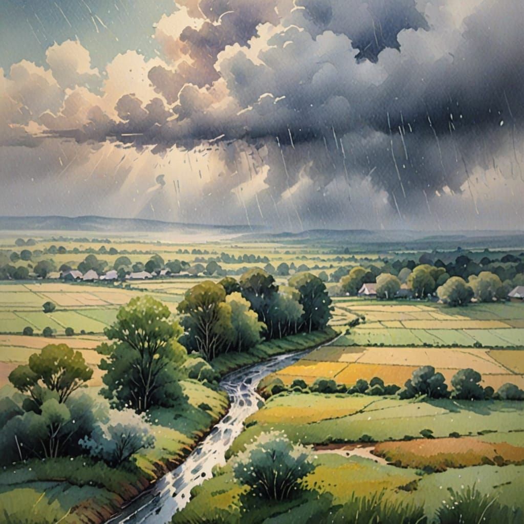 Impressionist Rain Scene in Watercolor Style