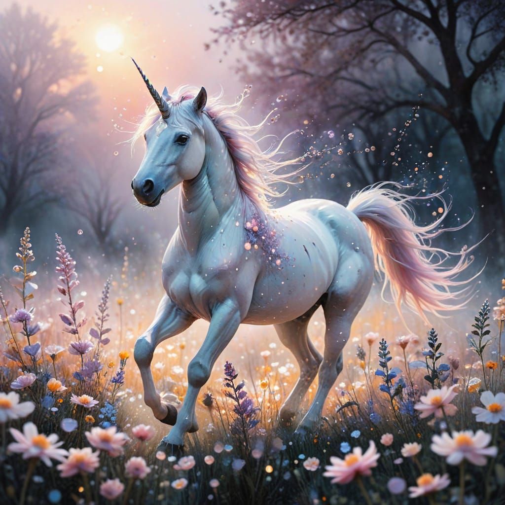 Unicorn Prancing Through Bioluminescent Flowers: Watercolor ...