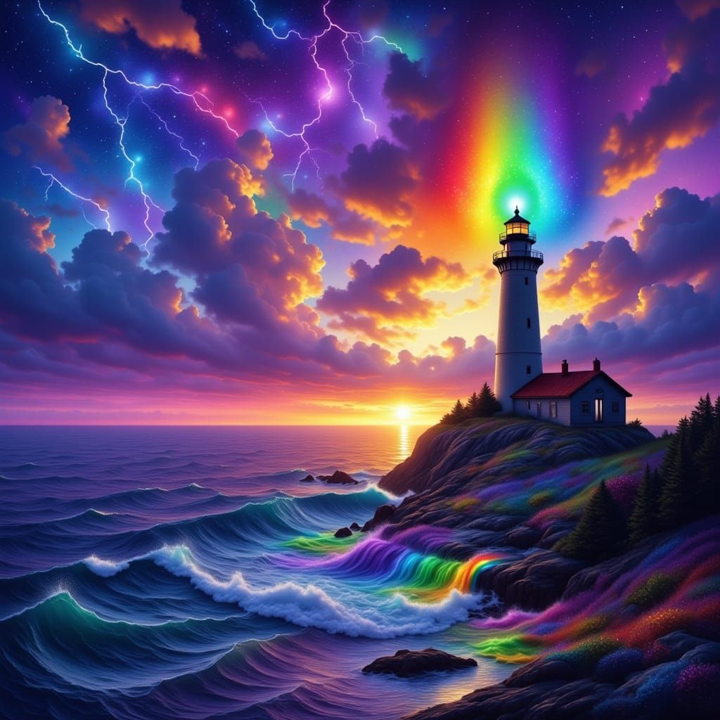 Rainbow Lighthouse on Electric Violet Ocean
