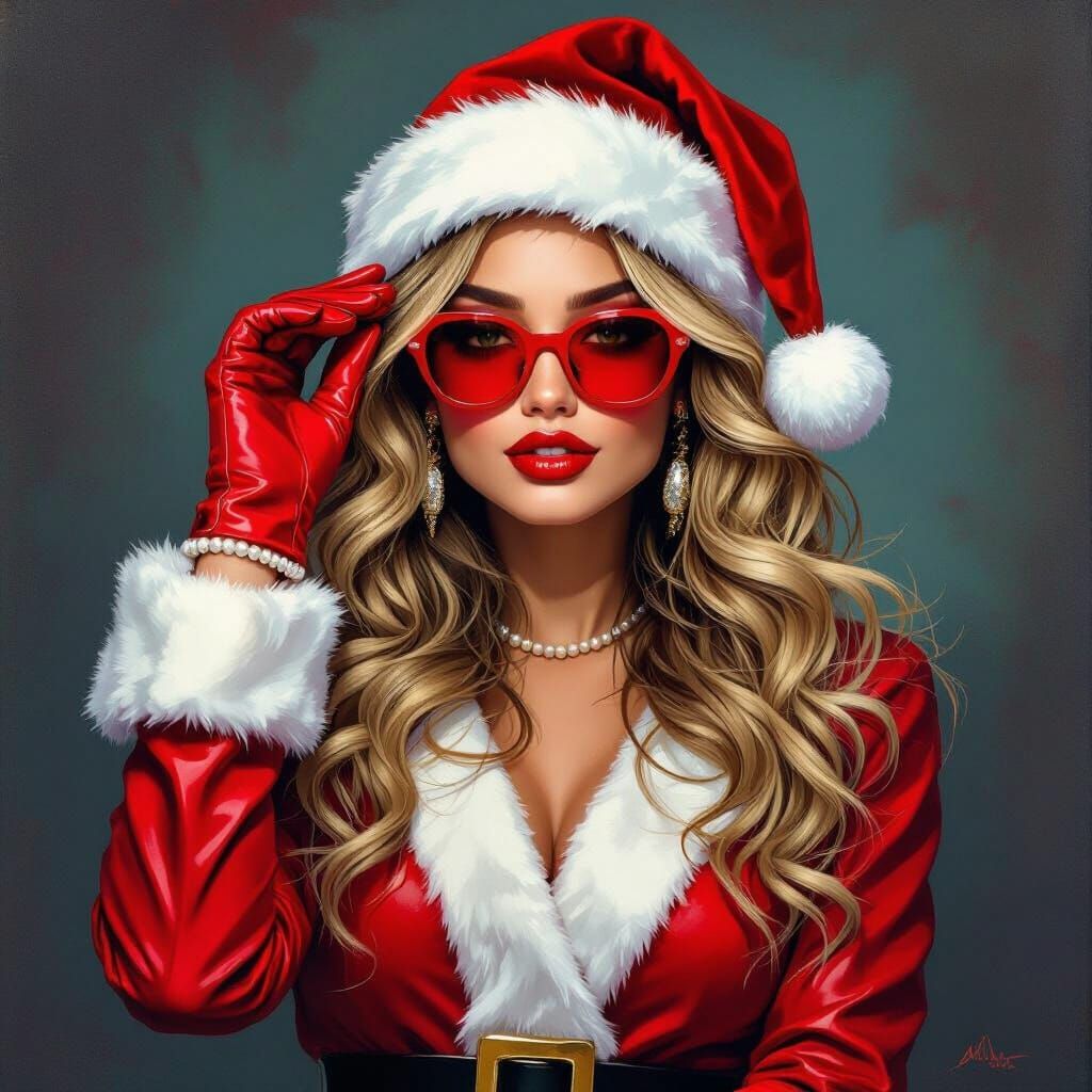 Glamorous Woman in Santa Outfit, Acrylic and Chalk Painting