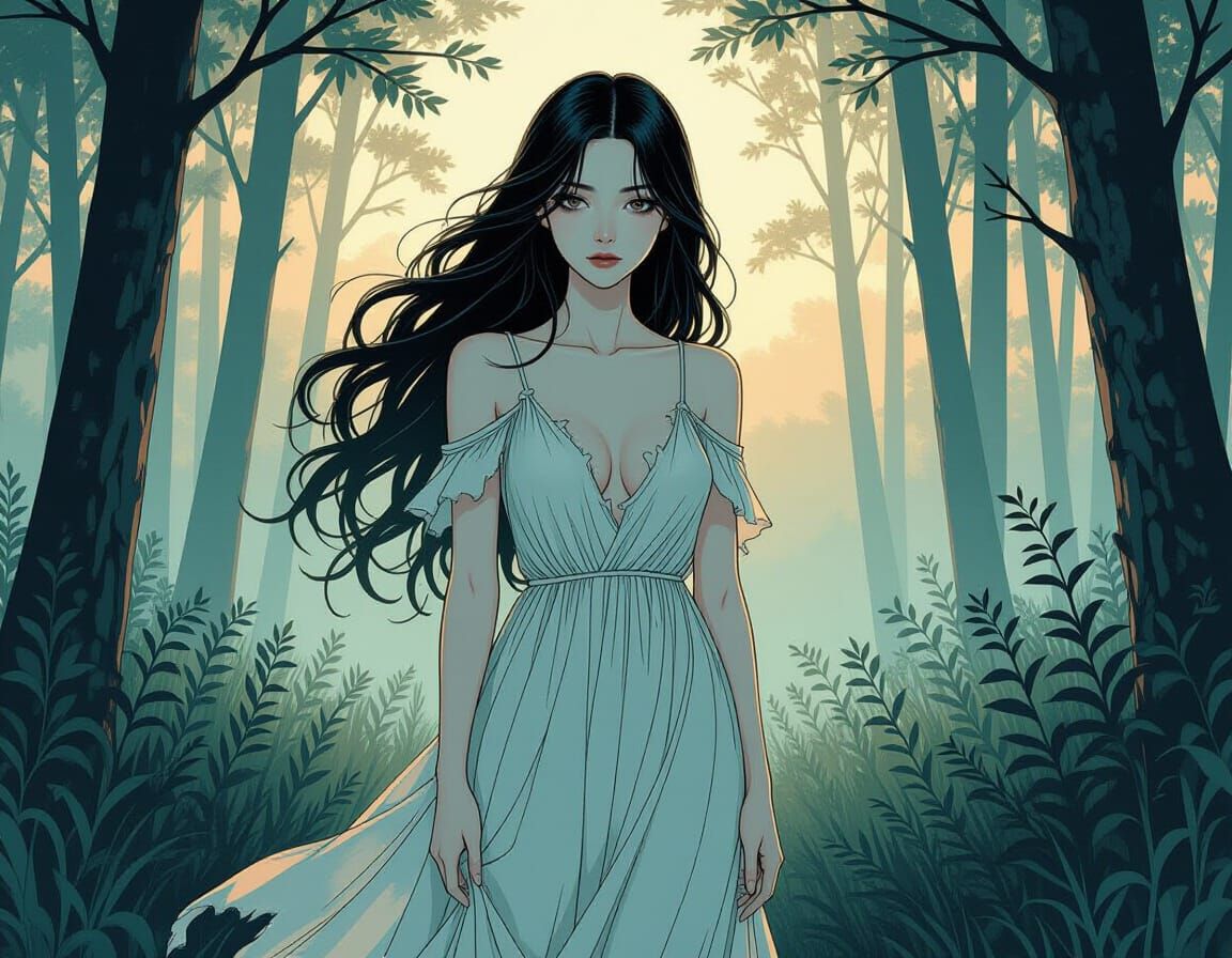 Ethereal Woman in Misty Forest Clearing