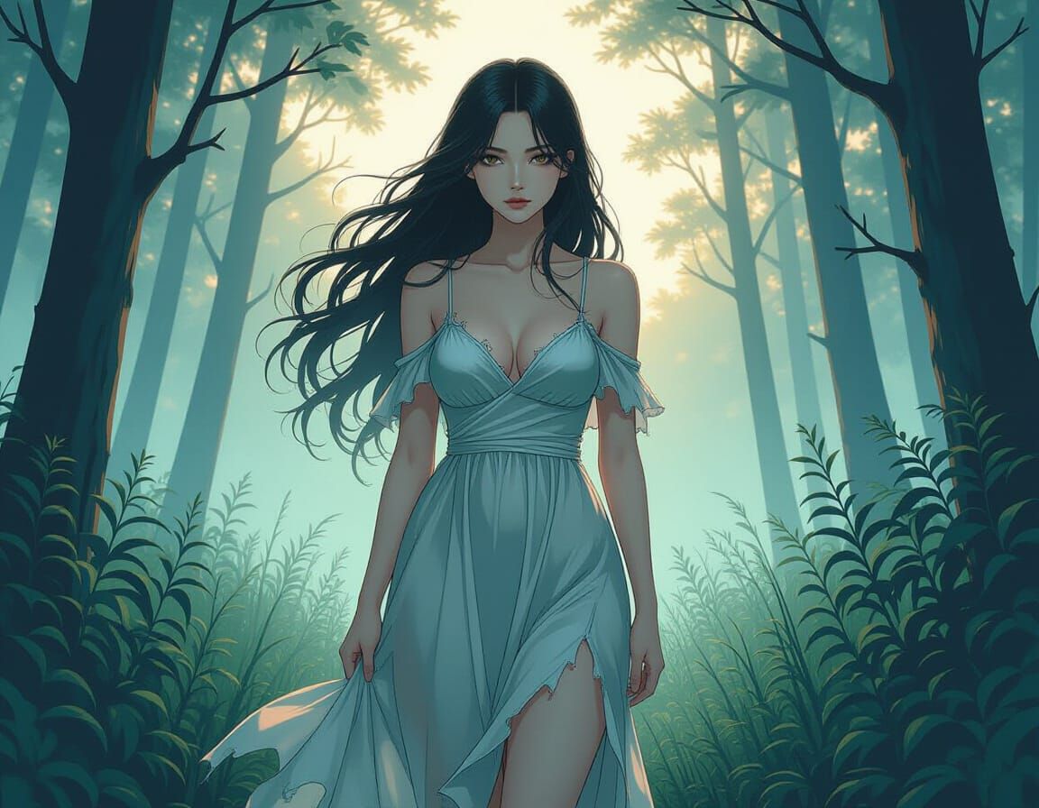 Ethereal Woman in Misty Forest Dawn Ink Drawing