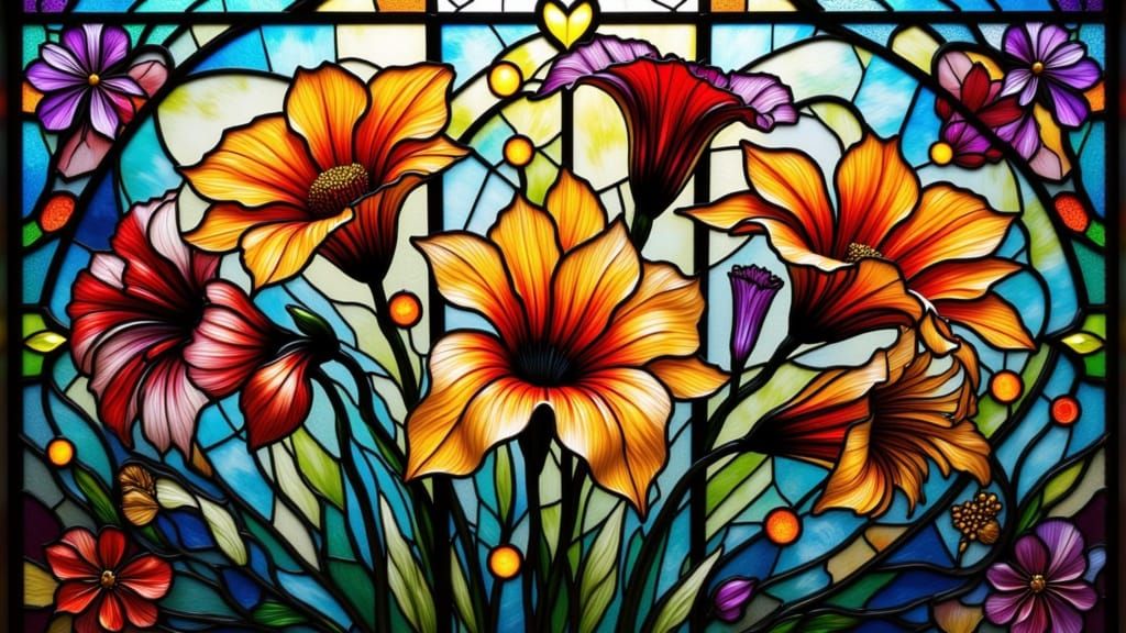 Abstract Stained Glass Art with Geometric Flowers