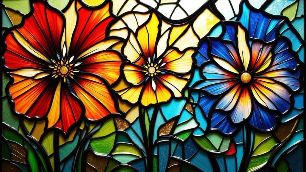 Abstract Stained Glass Flowers in Geometric Dance
