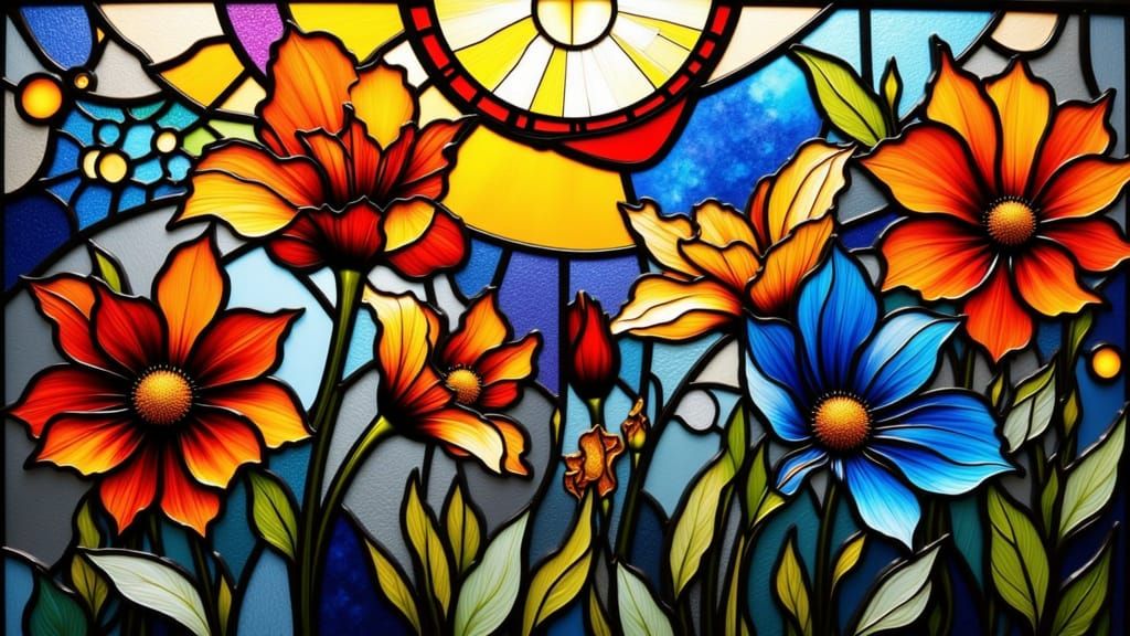 Abstract Stained Glass with Geometric Flowers