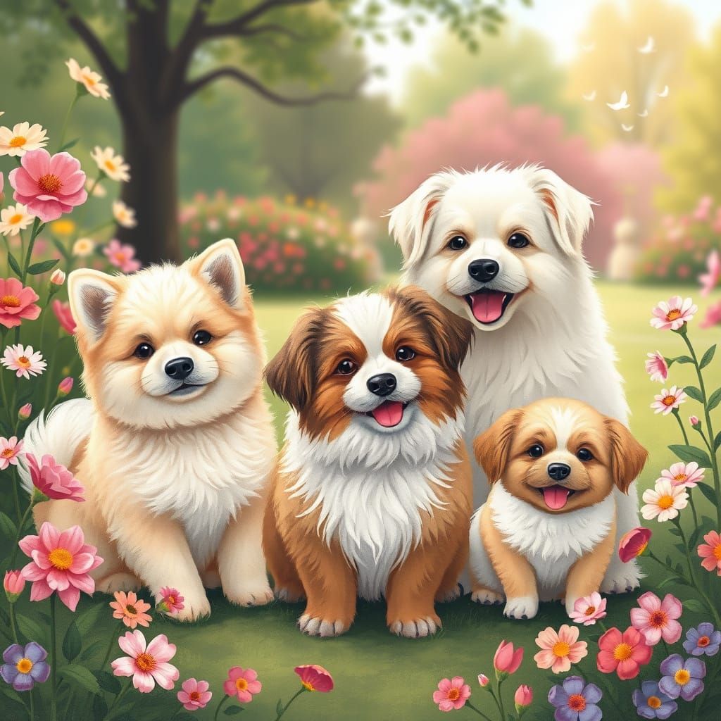 Whimsical Canine Friends in a Vibrant Garden