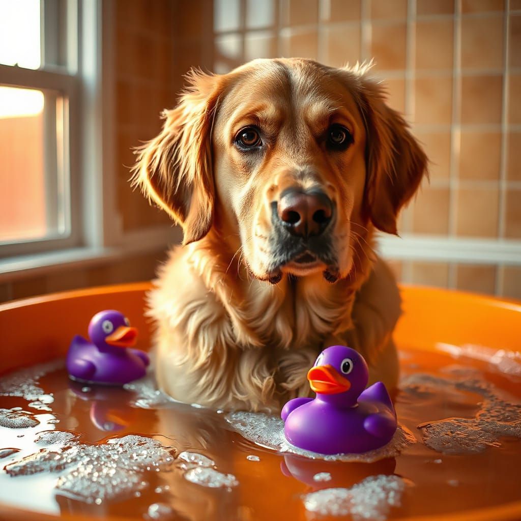 Golden Retriever Gives Scornful Side-Eye in Orange Bubble Ba...