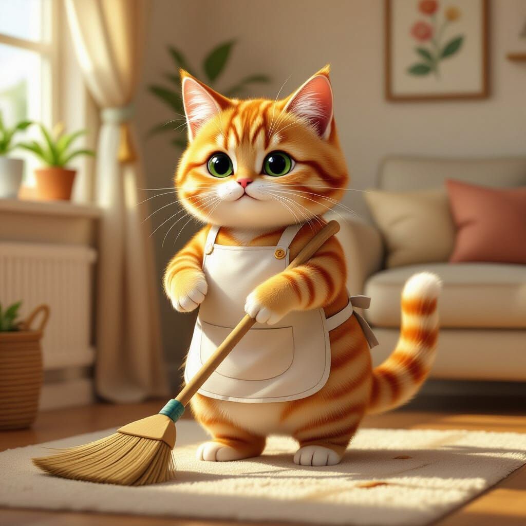 Anthropomorphic Cat Sweeping, Realistic Cozy Home Scene