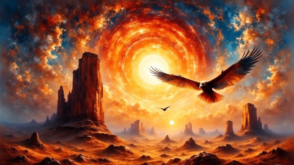 Eagle and Hawk Soar Above Surreal Desert Plateaus