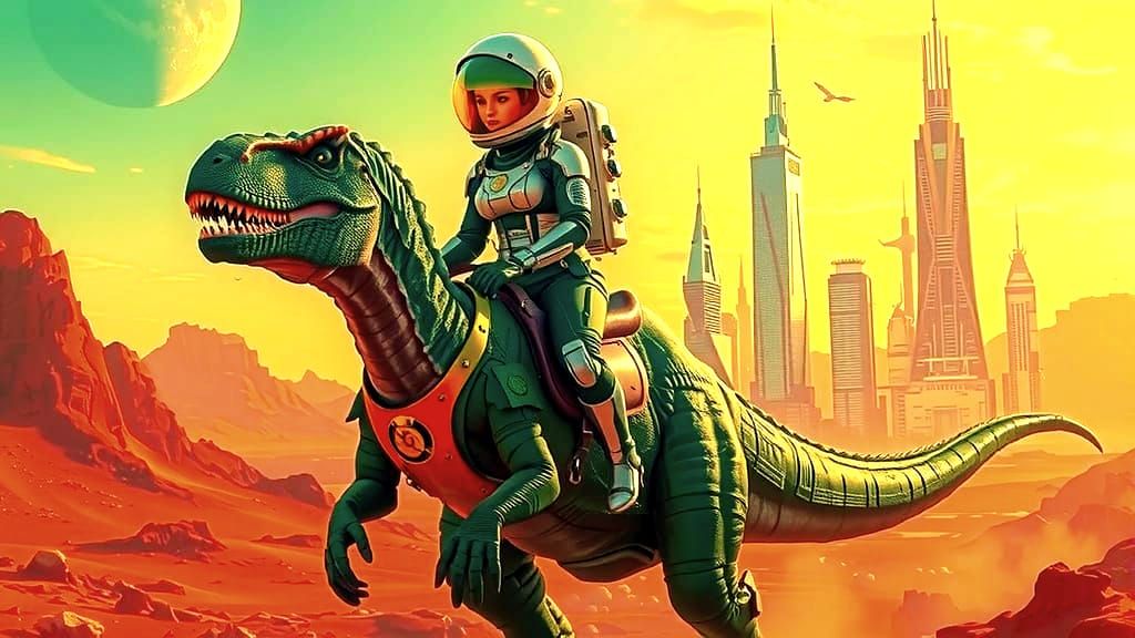 Astronaut Rides Dinosaur on Retro Futuristic Mars