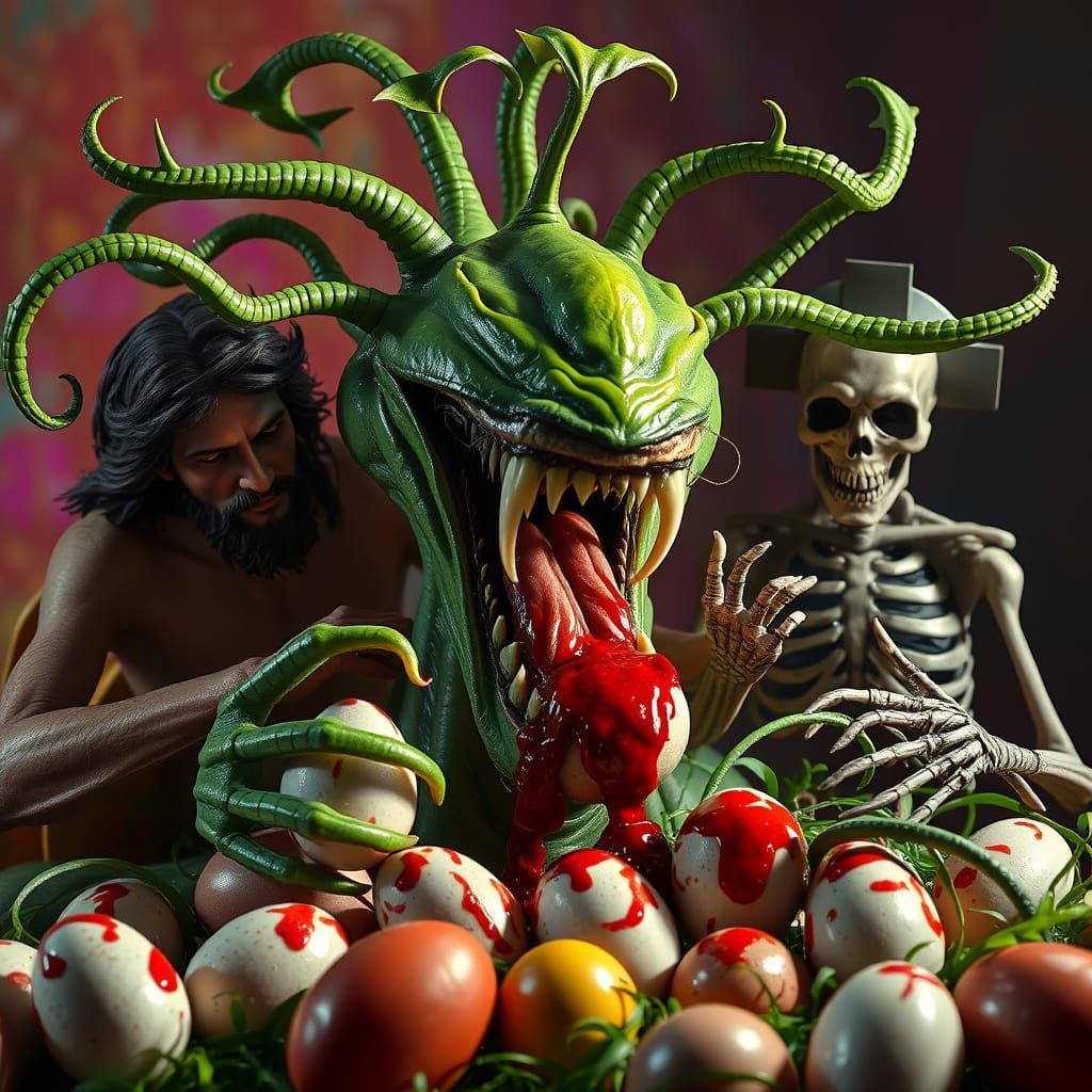Surreal Easter Horror as Jesus and Skeleton Jesus Feed Audre...