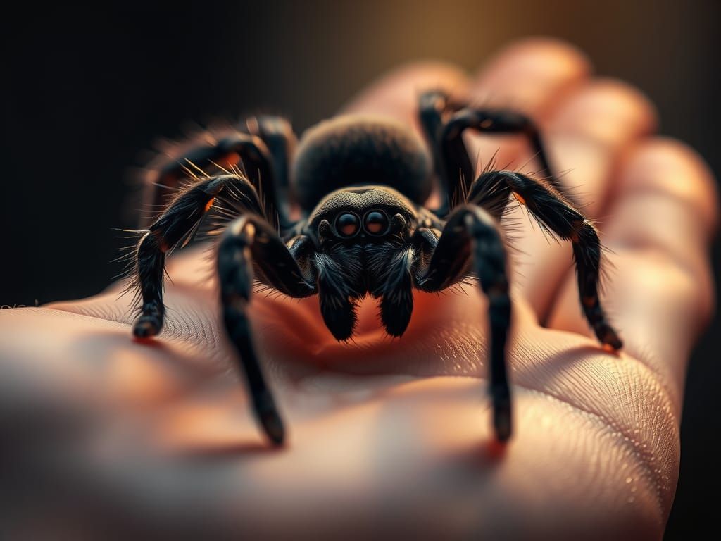 Lyrognathus Tarantula on Human Hand: Macro Photograph