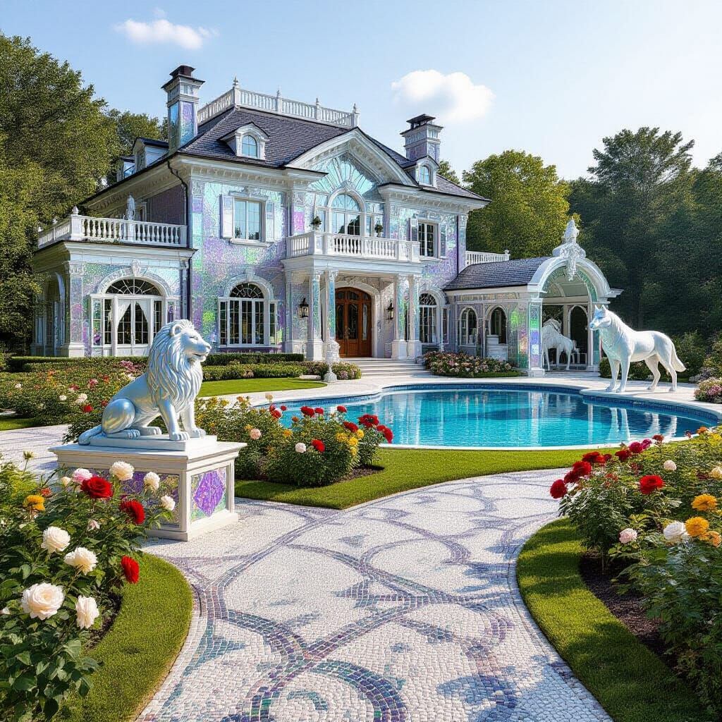 Iridescent Glass Mansion Beside Shimmering Lake