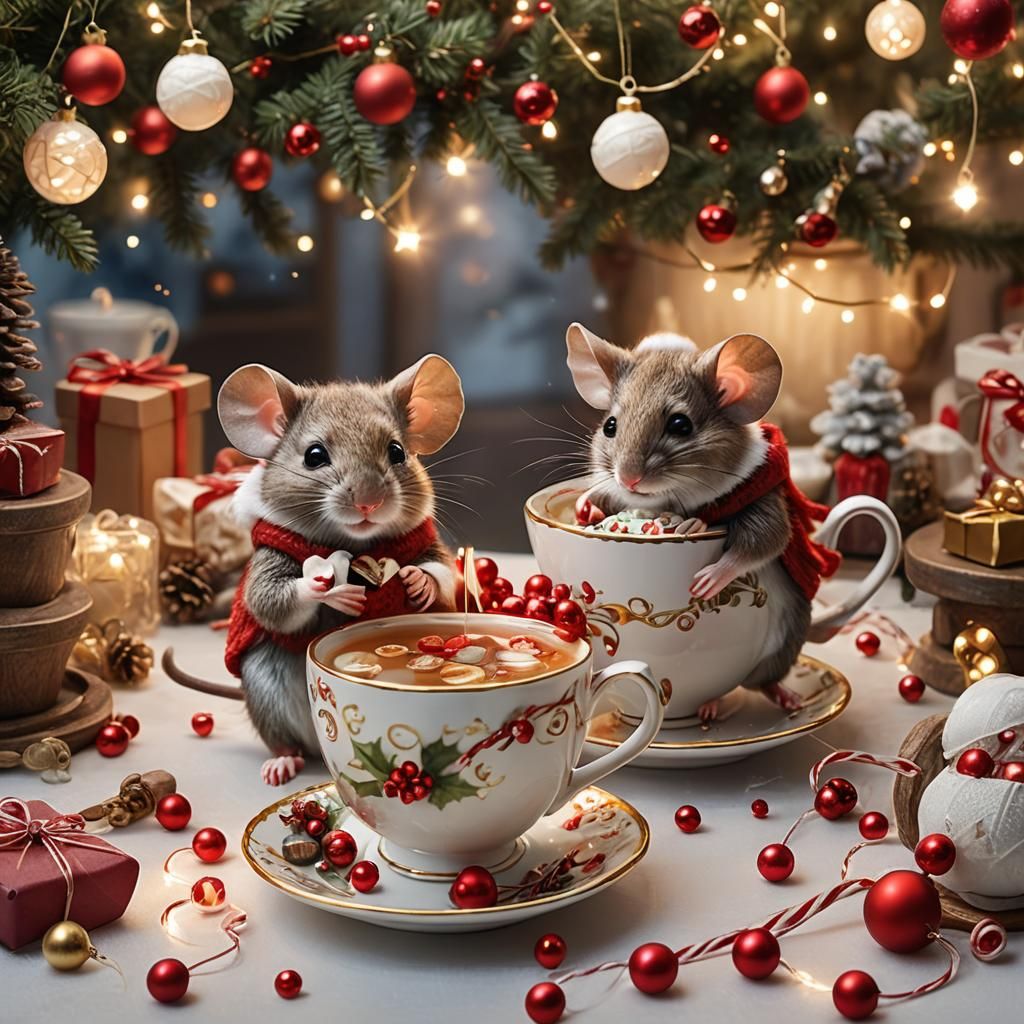 Festive Mice Sip Tea in Oversized Teacup