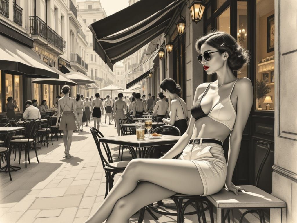 Charcoal Figure Study in Parisian Café Setting