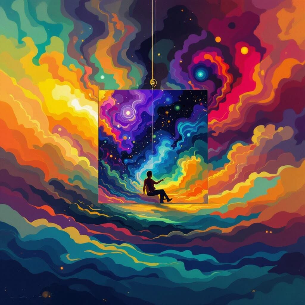 Dreamlike Figure in Space with Swirling Colors