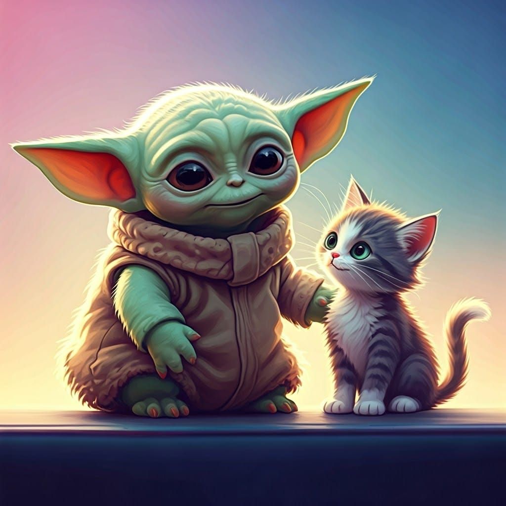 Grogu and Cat Play in a Futuristic Dreamscape