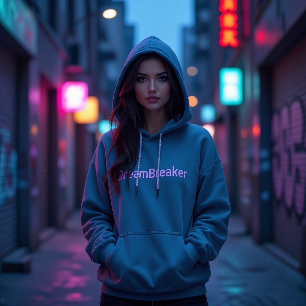 Young Woman in Cyberpunk Alley at Dusk