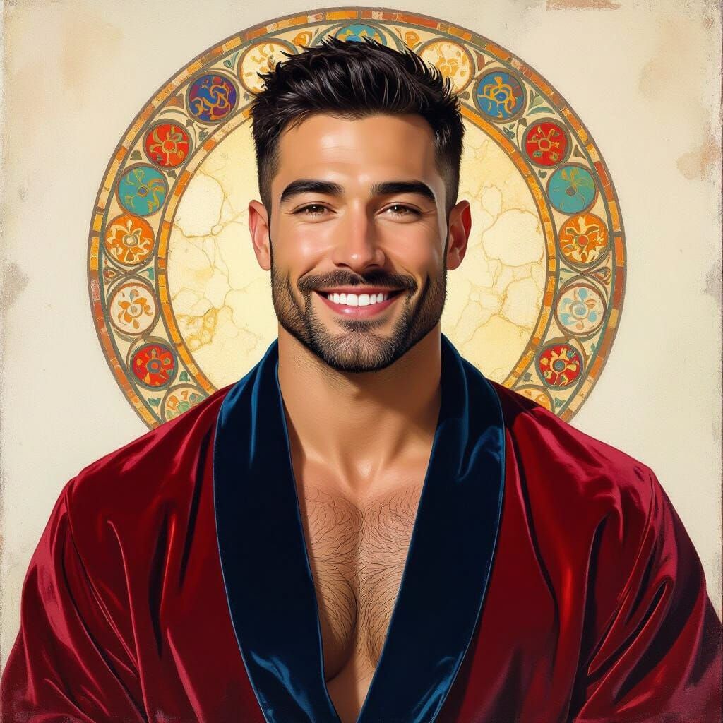 Handsome Man in Velvet Robe as Impasto Oil Painting