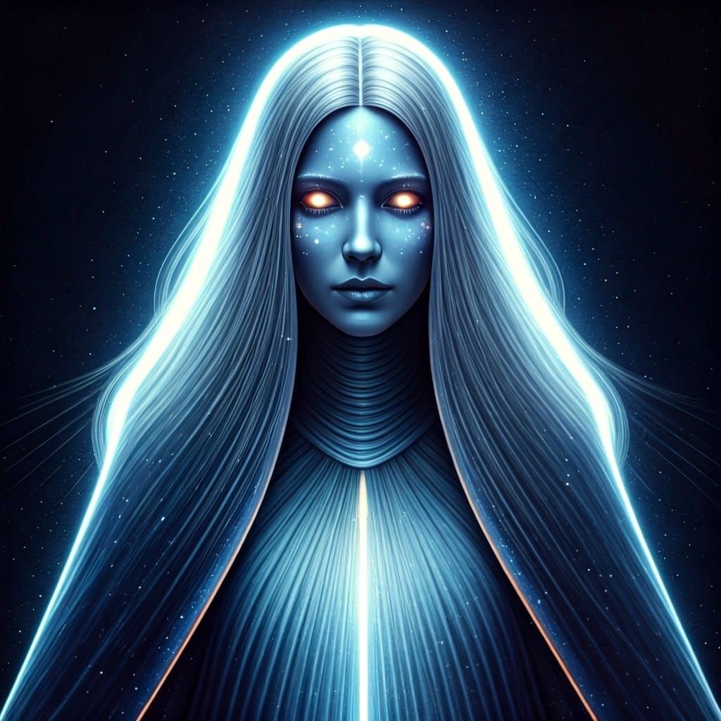 Celestial Robotic Woman in Cosmic Surrealism Style