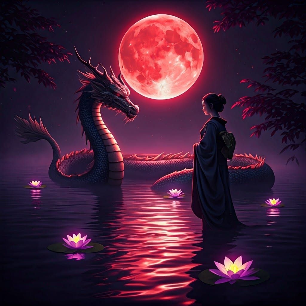Mystical Dragon in Moonlit Lake: Dark Fantasy Art