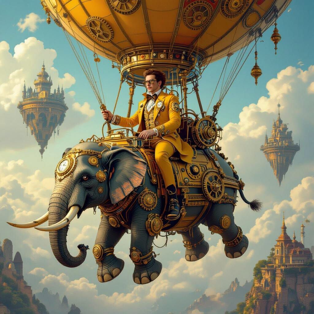 Steampunk Inventor on Clockwork Elephant in Klimt Style