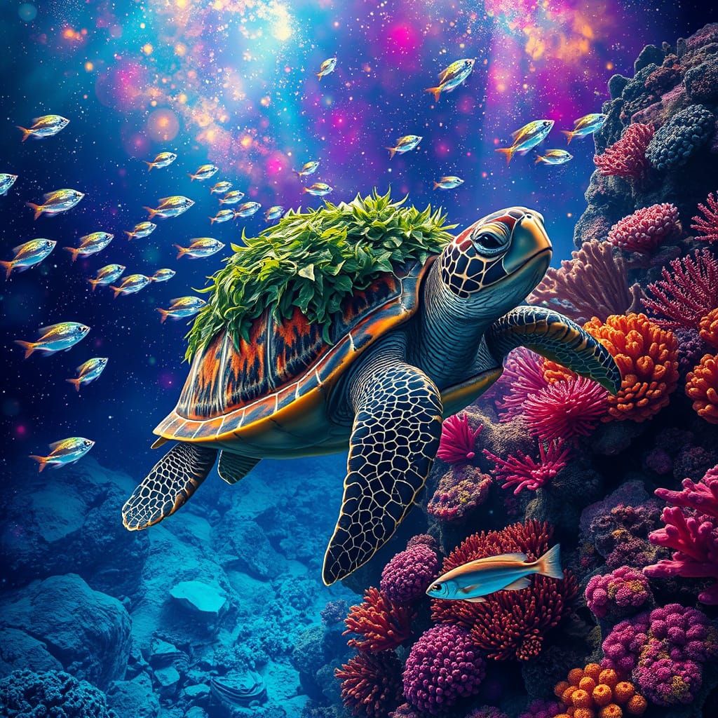 Sea Turtle in Astral Coral Reef Scene
