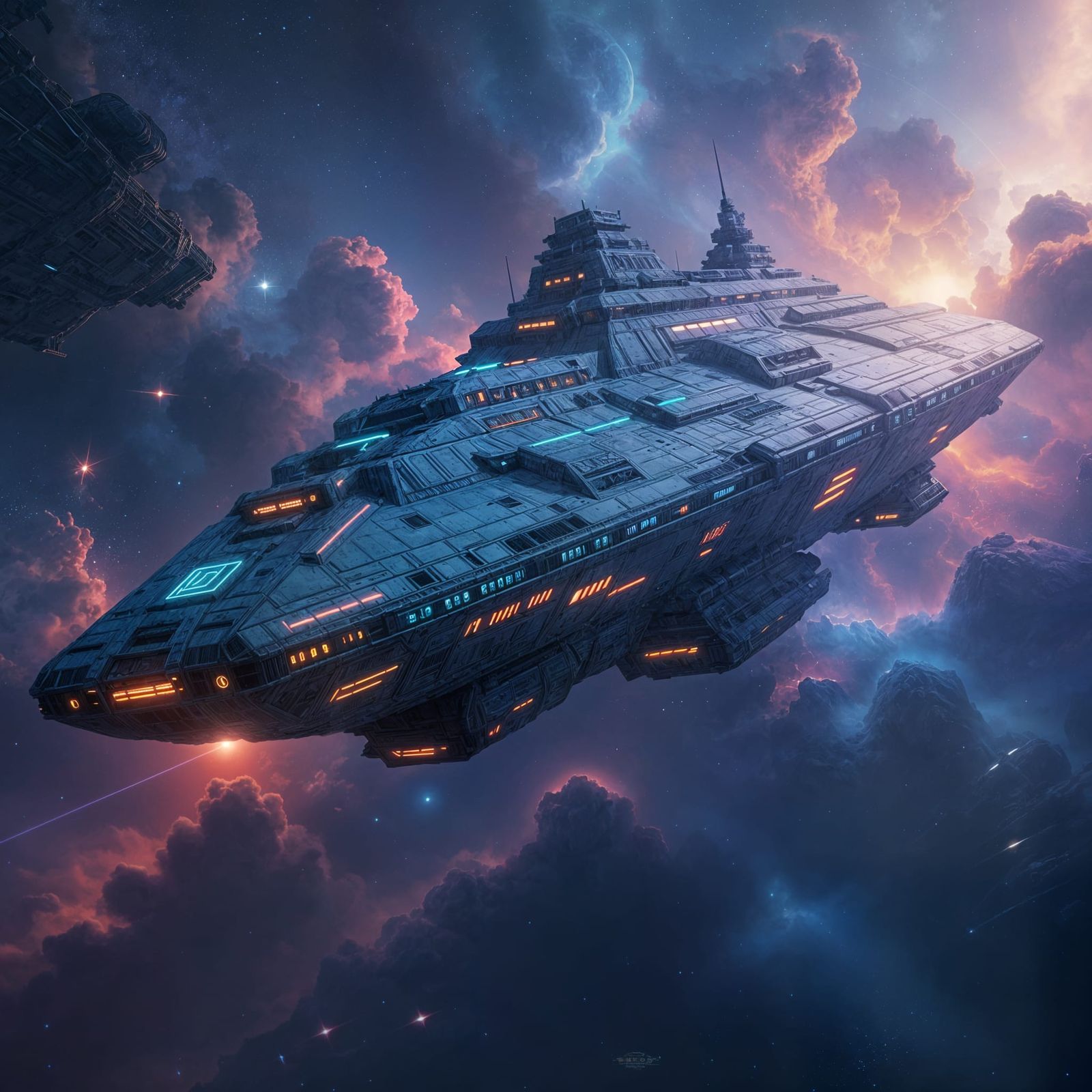 Colossal Temple Spaceship in Vibrant Nebula