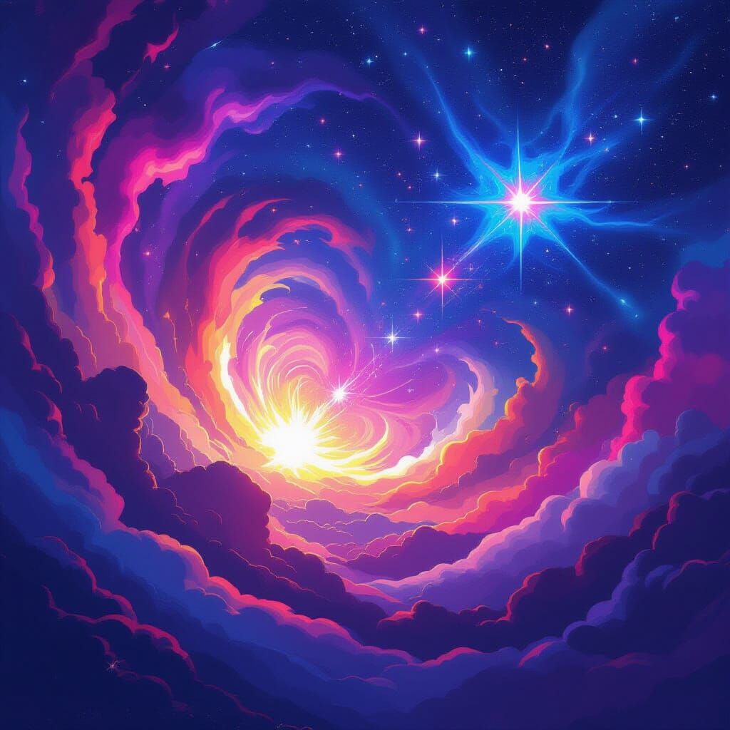 Cosmic Stars Exploding in Dreamlike Neon Atmosphere