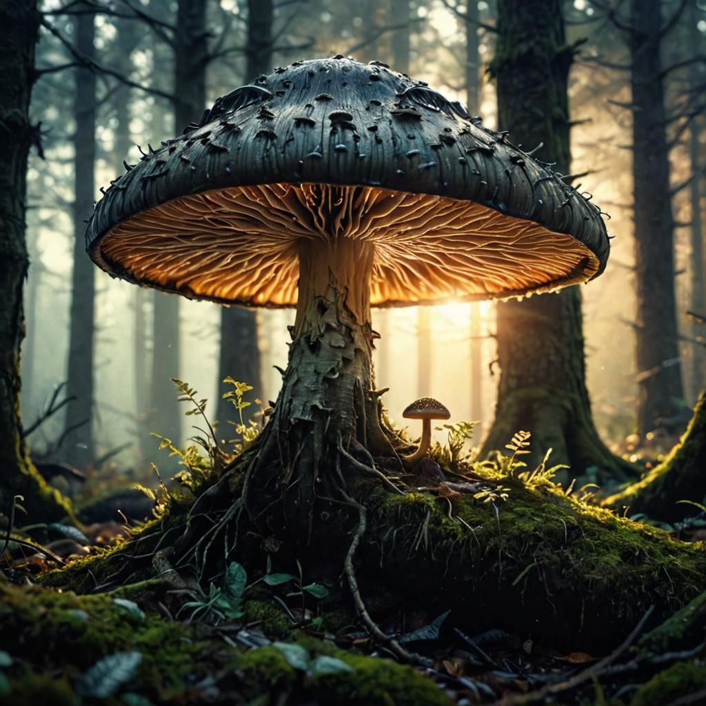 Luminous Mushroom in Eerie Double Exposure Forest