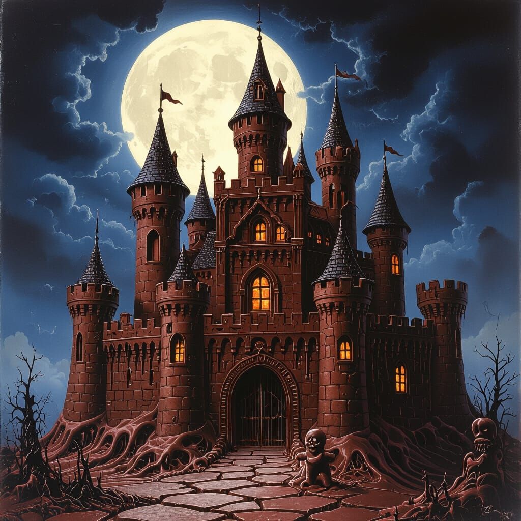Spectral Chocolate Castle in Haunting Surreal Style
