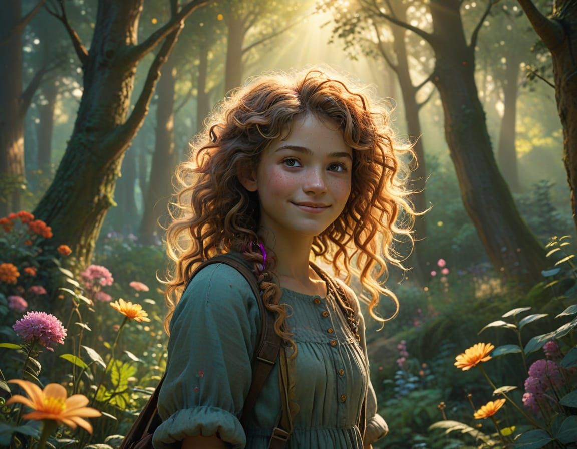 Dreamy Watercolor Portrait of a Young Girl in a Vibrant Fore...