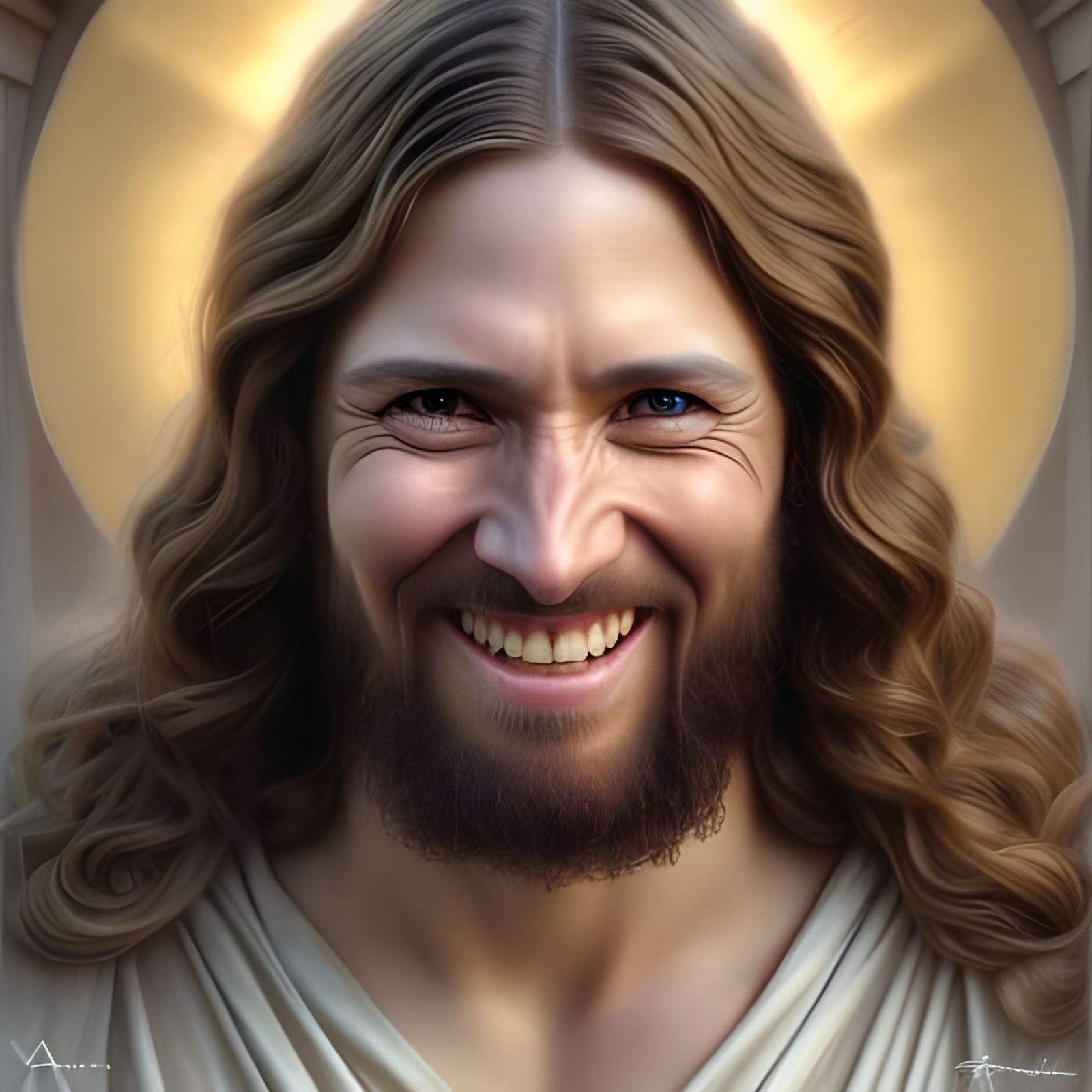 Hyperrealistic Portrait of Smiling Jesus in Sunlight