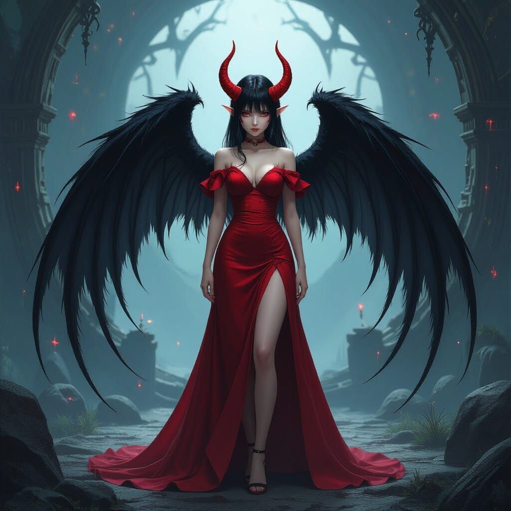 Anime Demon Girl with Black Wings in Cyberpunk Style