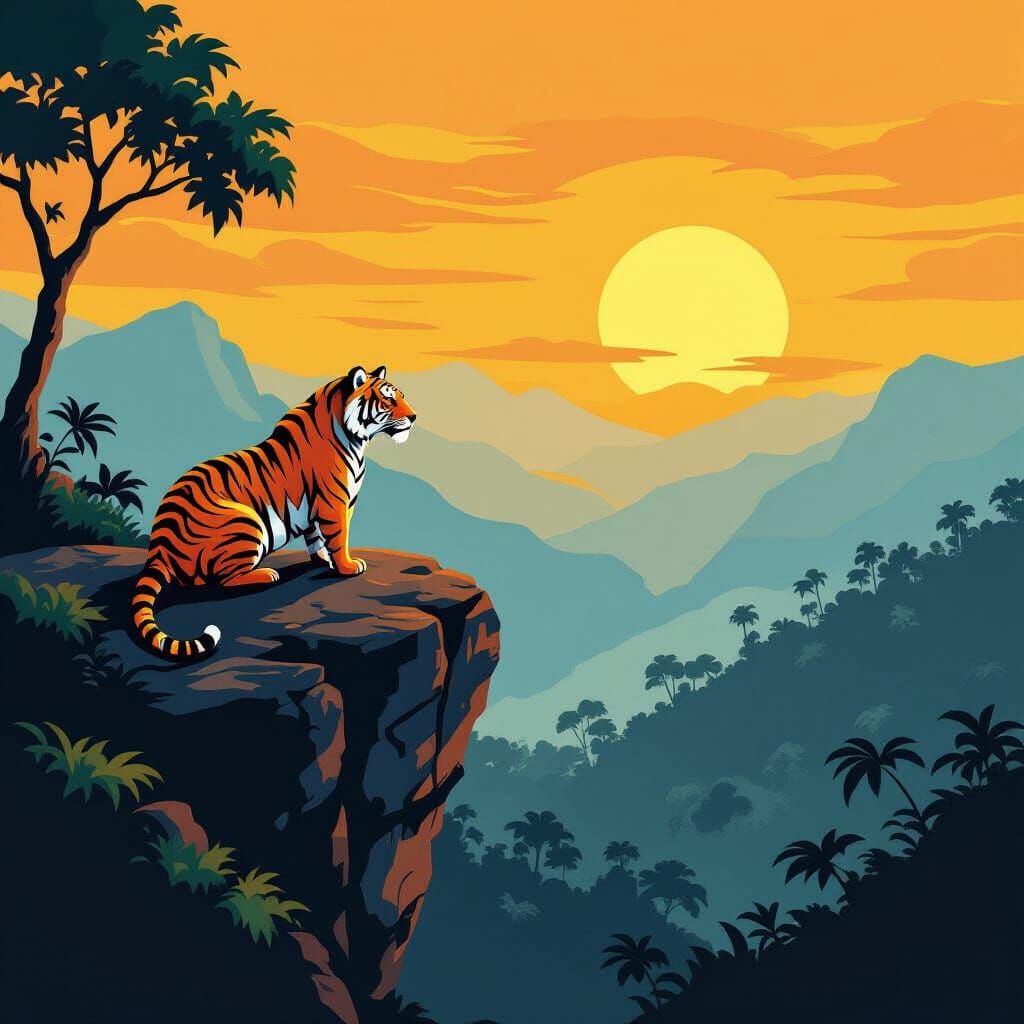 Tiger Overlooking Jungle in Vector Art Style