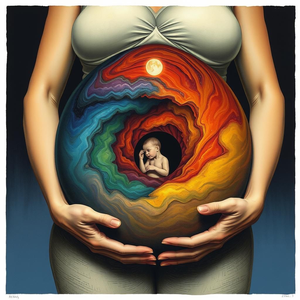 Pregnant Woman's Inner Universe in Surrealist Style