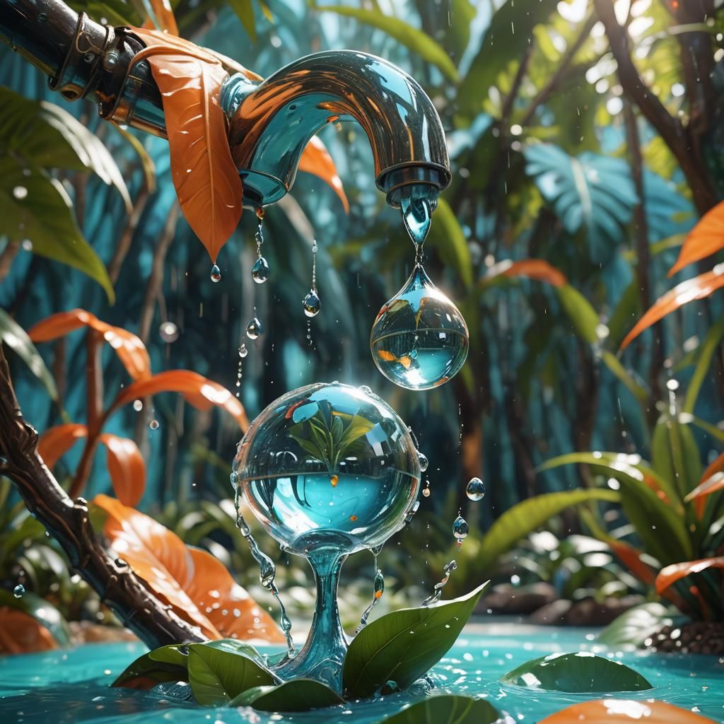Surreal Water Droplet Island, Hyperrealistic Digital Art