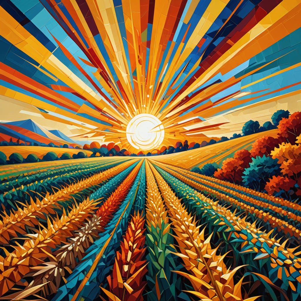 Geometric Autumn Cornfield Sunburst, Cubism Style Art