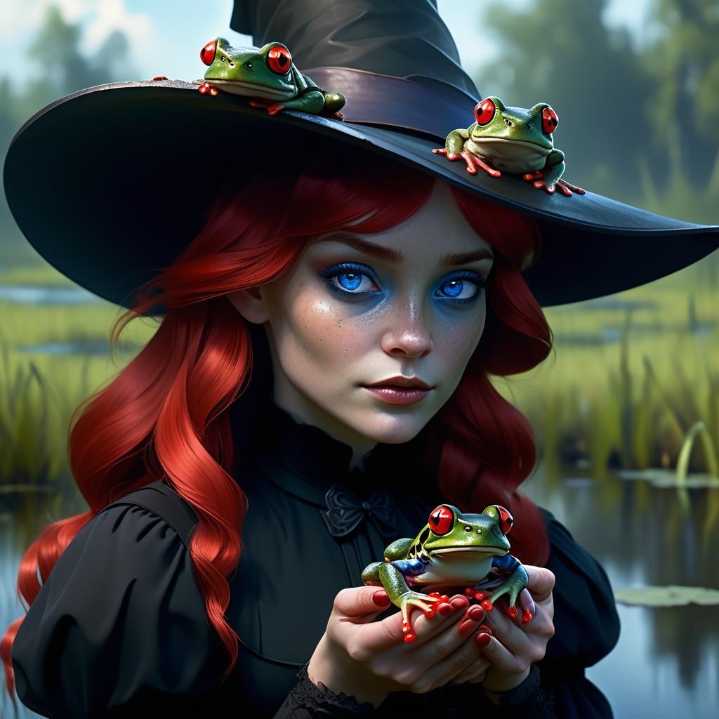 Sinister Red-Haired Witch Holding a Frog