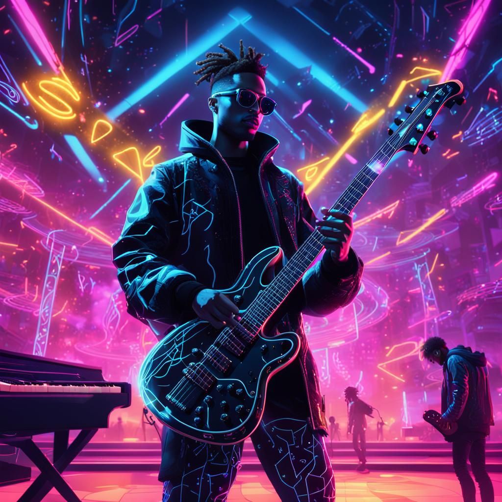 Cyberpunk Musician on Neon Lit Stage